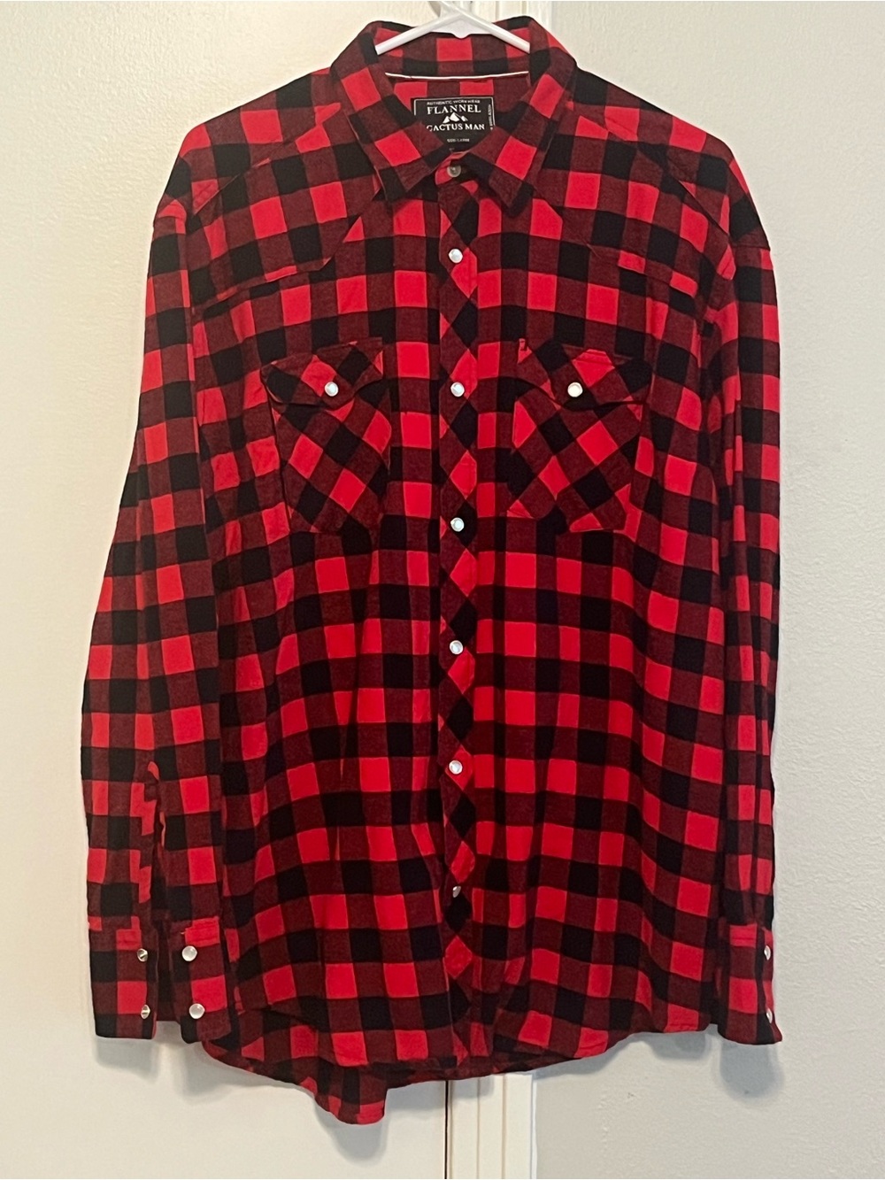 Cactus Man Red & Black Buffalo Checkered Pearl Snap Flannel Size L